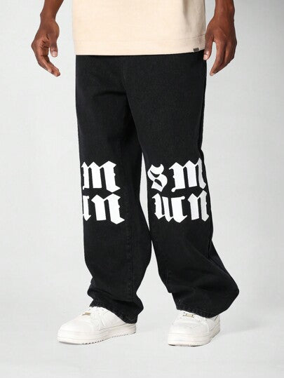 SUMWON بنطال جينز بفضفاض مطبوع بتصميم