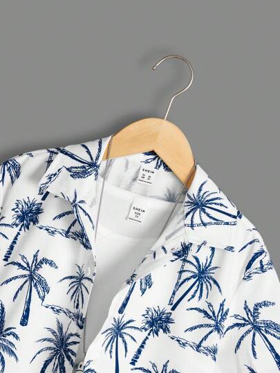 SHEIN قميص بنمط شجرة جوز الهند عارضة للفتيان المراهقين المريح