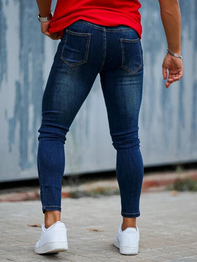 بنطلون رجالي جينز أزرق ضيق ممزق