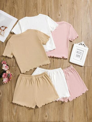 girls-sets ثلاثيات/طقم ملابس بنات مراهقات محبوكة من قميص وشورت ألوان صلبة ضيقة مناسبة للعطلات العادية.