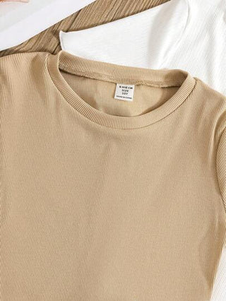 girls-sets ثلاثيات/طقم ملابس بنات مراهقات محبوكة من قميص وشورت ألوان صلبة ضيقة مناسبة للعطلات العادية.