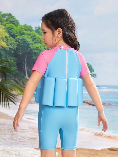 مايوه كرتون حورية البحر المطبوع للفتيات الصغيرات بأكمام راغلان و قطعة واحدة