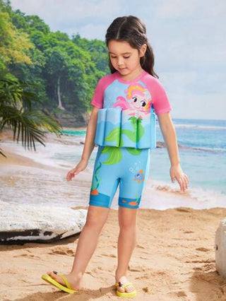 مايوه كرتون حورية البحر المطبوع للفتيات الصغيرات بأكمام راغلان و قطعة واحدة