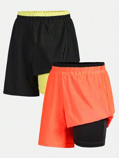 مايوه أولادي شورت سباحة محبوك مريح للفتيان يتضمن قطعتين مع بطانة داخلية متباينة بالألوان و2 خيارات للألوان