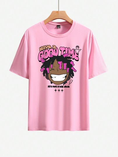 Manfinity Homme تي شيرت تي شيرت قصير الأكمام كاجوال مطبوع بشخصيات كرتونية و شعارات للرجال، للخروج كهدية لصديق