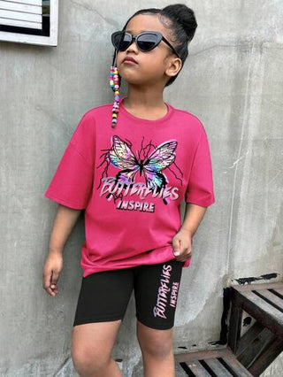 girls-sets قميص بأكمام منسدلة مطبوع بالفراشة والحرف بألوان مبهجة للفتيات مع شورت للدراجات 2قطعة/طقم