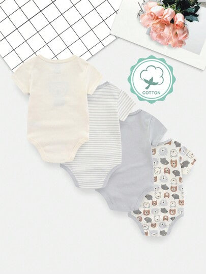 4 بدلة رضع أطفال رضع من الجنسين لعمر 0-12 شهر، بأكمام قصيرة، بتصميمات كرتونية جميلة، مناسبة لكل الفصول