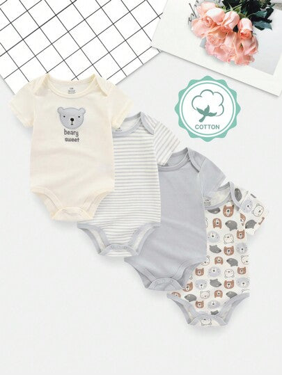 4 بدلة رضع أطفال رضع من الجنسين لعمر 0-12 شهر، بأكمام قصيرة، بتصميمات كرتونية جميلة، مناسبة لكل الفصول