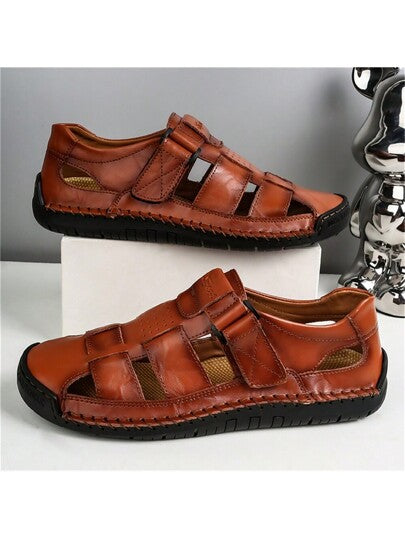 صندل رجالي كاحل قصير من الجلد الصناعي البني اللون - نعل مطاطي مضاد للإنزلاق ، نعل مريح مصنوع يدويًا للنزهات في الهواء الطلق والتخييم وارتداء الشاطئ | ربيع/صيف/خريف