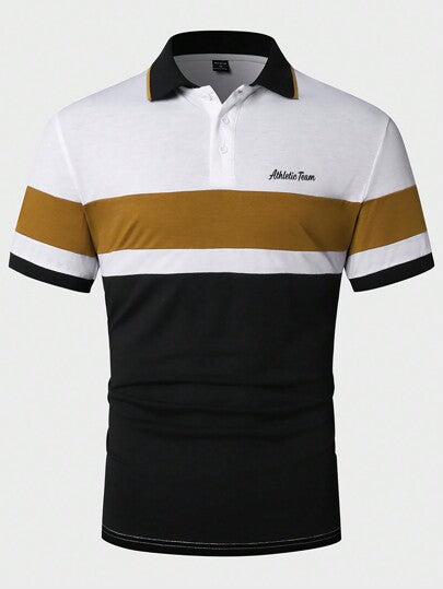 Manfinity Homme قميص بولو رجالي بأكمام قصيرة وكتلة ألوان، طبعات جرافيكية على الياقة للعمل والأزياء الرجالية و الأب والإبن