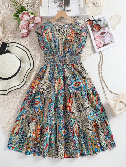 تيشيرتات بناتي فتيات التوين بقماش بايسلي مطبوع بدون اكمام مع رباط على الخصر في الصيف