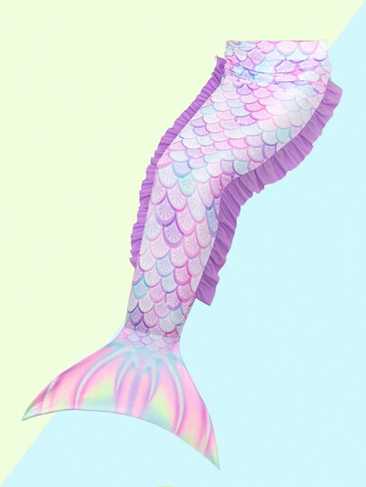 SHEIN مايوه كامل للفتيات الصغيرات مع تشذيب الكشكشة وطبعات حجر السمكة الجميلة