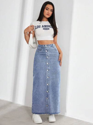 EZwear تنورة جينز طويلة للنساء مع إغلاق أزرار أمامي