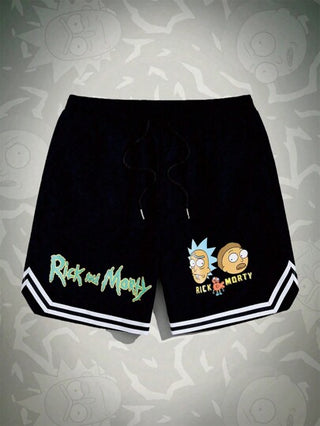 ROMWE MEN Rick and Morty | ROMWE شورت بسحاب كرة السلة مع طبعات كرتونية وحروفية وشريط متعرج عند الخصر للرجال، مناسب للمدرسة