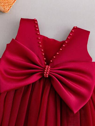 فساتين بيبي فستان أنثى رضيع بلا أكمام لون بورغندي بقوس كبير وزخارف من الشرائط