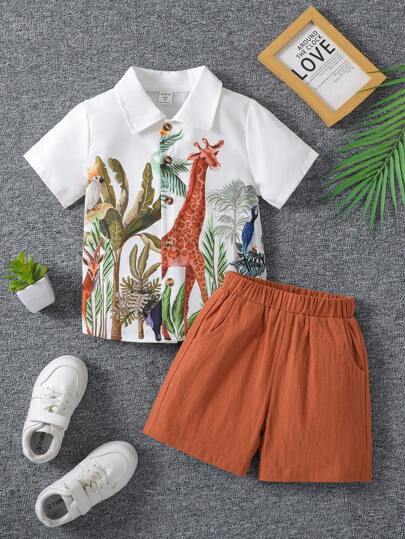 X JIMENA & MATEO قميص قصير الأكمام بطبعة الزرافة وسروال قصير مجموعة للأولاد الصغار