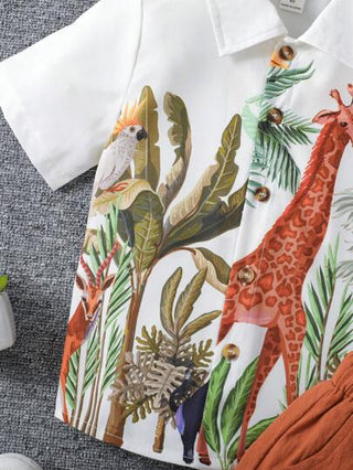 X JIMENA & MATEO قميص قصير الأكمام بطبعة الزرافة وسروال قصير مجموعة للأولاد الصغار