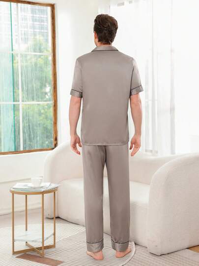 SHEIN EverLounge مجموعة المنزل للرجال شاملة قميص قصير الأكمام بطية الياقة باللون الصافي وسروال