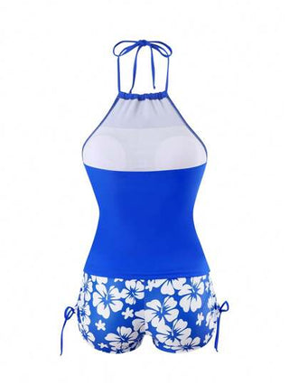 طقم تانكيني حريمي Swim Lushoire مجموعة تانكيني مطبوعة بالأزهار مع ملابس علوية قلنسوة بلون صلب للسيدات على الشاطئ في الصيف