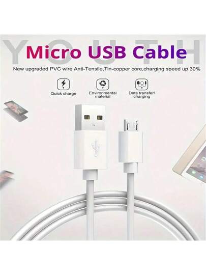 كابل USB صغير شاحن أندرويد، كابل شحن USB سريع متوافق مع هواتف سامسونج جالكسي S7/S5/J3/J5/J7، HTC،كندل، نيكسوس، نوكيا وغيرها (أبيض) متوافق مع هواتف سامسونج جالاكسي S7/HTC، متوافق مع أندرويد ، كندل، متوافق مع ، كاميرا، MP3 ميكرو USB