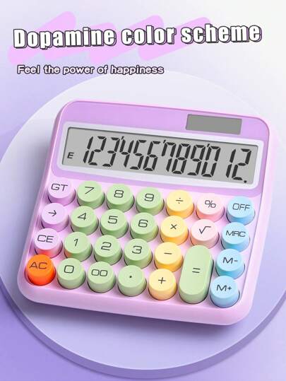 أدوات مكتبية ومدرسية آلة حاسبة 12 عدد ملونة بحلوى، طاقة مزدوجة (شمسية وبطارية) ، عرض عالي الدقة كبير مع زر العلامة العشرية، زر ميكانيكي للدوبامين للاستخدام في المكتب والمالية والمحاسبة وطلاب الجامعات والتصميم الشخصي الإبداعي، بدون بطارية