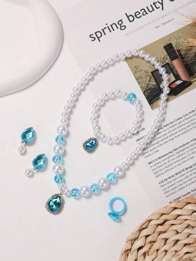 مجموعة قلادة، أساور، خاتم، أقراط: أحجار الراين والخرز الجميلة واللطيفة 5 قطع للفتيات والمراهقين