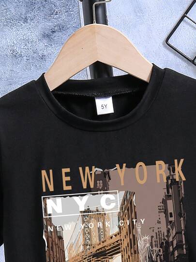 تي شيرت شبابي بأكمام قصيرة مطبوع عليه شعار مناظر طبيعية للصبي الصغير