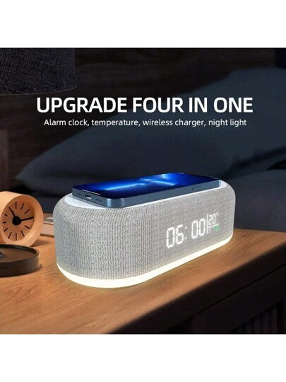 محطة الشحن اللاسلكي ساعة إنذار رقمية لغرفة النوم أو المكتب، شاشة عرض الوقت والحرارة، شاحن لاسلكي 15 وات قابل للتعديل مع ضوء ليلي متوافق مع أجهزة آيفون من 16 إلى 8، وآيربودز من الجيل الثاني إلى الرابع، والبرو والبرو 2، وأجهزة سامسونج من S25 إلى S20 والغالك