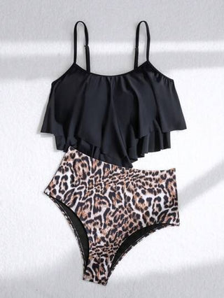 طقم تانكيني حريمي Swim Lushoire مجموعة بيكيني مكونة من 2 قطعة، توب بياقة مجعدة وسفلي بطبعة جلد الفهد ذو خصر عالي، مصنوع من أربطة سباغيتي، مناسب للشاطئ والعطلات الصيفية للنساء