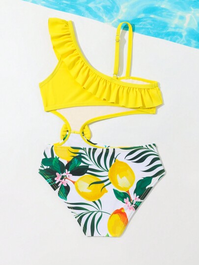 SHEIN مايوه قطعة واحدة لفتاة صغيرة بطباعة فاكهة ونباتات، تصميم مقسم ومفرغ، تفصيلة التموج بلون متباين