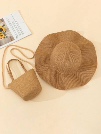 قبعة قش شاطئية بنمط موجات بلون كاكي وحقيبة كتف محبوكة بنمط موجات بلون كاكي ، مثالي لعطلة على الشاطئ