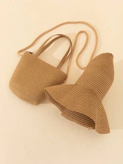 قبعة قش شاطئية بنمط موجات بلون كاكي وحقيبة كتف محبوكة بنمط موجات بلون كاكي ، مثالي لعطلة على الشاطئ