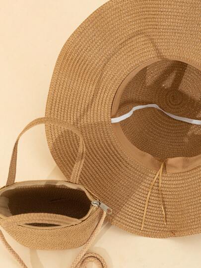 قبعة قش شاطئية بنمط موجات بلون كاكي وحقيبة كتف محبوكة بنمط موجات بلون كاكي ، مثالي لعطلة على الشاطئ