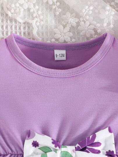 زي عاري الذراعين لطفلة الصيف برقبة دائرية مزينة بطية اللوتس و عقدة مع بنطلون مطبع عليه الزهور طويل الساق للملابس العارضة الرسمية