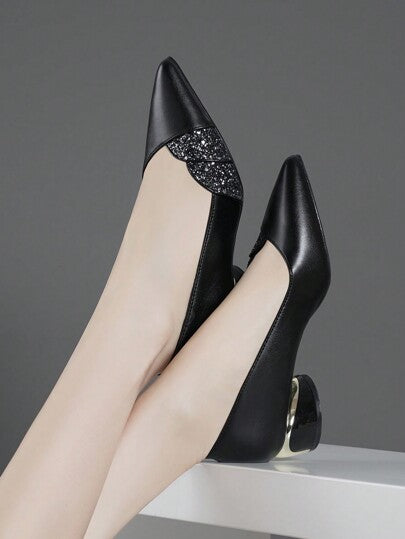 أحذية كعب عالي مزخرفة بالترتر مريحة وشاملة ذات كعب سميك للسيدات