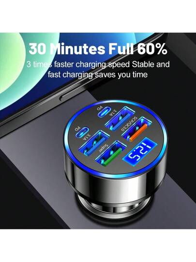 شاحن سيارة رقمي العرض 100 واط 6 منافذ، شحن سريع بتقنيات PD و QC3.0 ، USB C شاحن هاتف للسيارة نوع C متوافق مع آيفون
