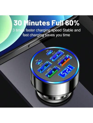 شاحن سيارة رقمي العرض 100 واط 6 منافذ، شحن سريع بتقنيات PD و QC3.0 ، USB C شاحن هاتف للسيارة نوع C متوافق مع آيفون