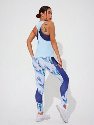 SHEIN Sport Studio سرة رياضية مطبوعة للنساء، بنطلون واسع الخصر وأعلى خلفي مجدول، طقم ملابس رياضية للنساء, طقم بنطلونات رياضية للنساء