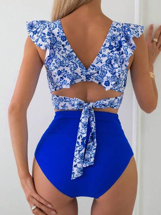طقم تانكيني حريمي Swim Lushoire مجموعة تانكيني للنساء تتكون من قمة مطبوعة برسومات الزهور عنق في وأسفلها وبنطال سباحة بخصر عالي، بتفصيل أطراف بارزة للصيف, الشاطئ, شهر العسل, السفر , الإجازة, حوض السباحة.