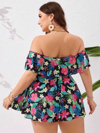 Swim Lushoire بيكيني كبير الحجم للنساء بأكمام منسدلة مع حاشية مزدوجة وطبعة زهور ، مجموعة بيكيني تانكيني للملابس الشاطئية الصيفية