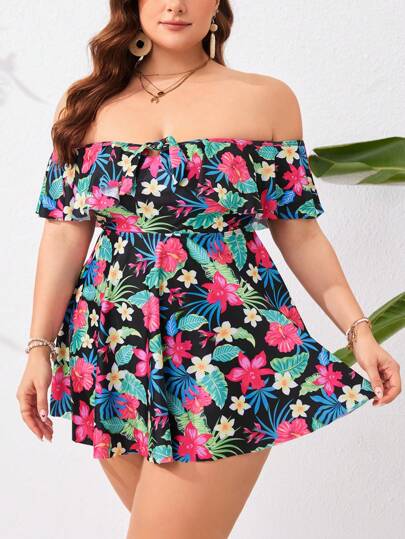 Swim Lushoire بيكيني كبير الحجم للنساء بأكمام منسدلة مع حاشية مزدوجة وطبعة زهور ، مجموعة بيكيني تانكيني للملابس الشاطئية الصيفية