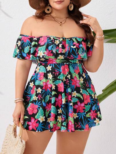 Swim Lushoire بيكيني كبير الحجم للنساء بأكمام منسدلة مع حاشية مزدوجة وطبعة زهور ، مجموعة بيكيني تانكيني للملابس الشاطئية الصيفية