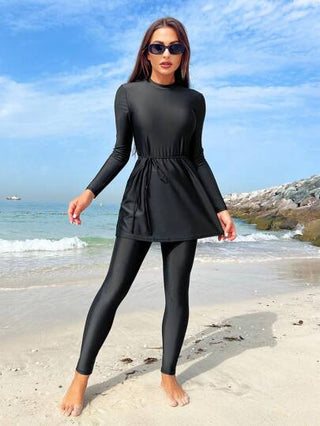 طقم تانكيني حريمي Swim Shayni ملابس سباحة للنساء بأكمام طويلة بياقة واقفة وبدون سلكسباحة بوركيني مناسبة للشاطئ الصيفي