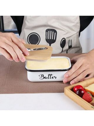 طبق الزبد الحديدي البسيط مع غطاء من البامبو والسكين، وعاء الجبن، المطبخ، هدايا عيد الميلاد