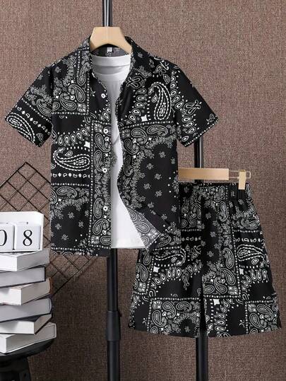 2 قطعة/طقم تيشيرت وشورت للصبية المراهقين مطبوع بنقشة البيزلي أكمام قصيرة، تصميم أزياء، للربيع/الصيف