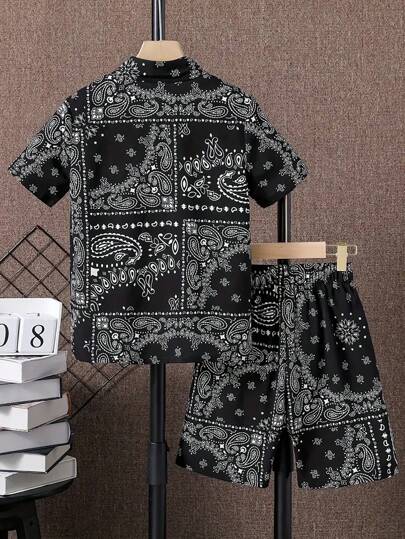 2 قطعة/طقم تيشيرت وشورت للصبية المراهقين مطبوع بنقشة البيزلي أكمام قصيرة، تصميم أزياء، للربيع/الصيف