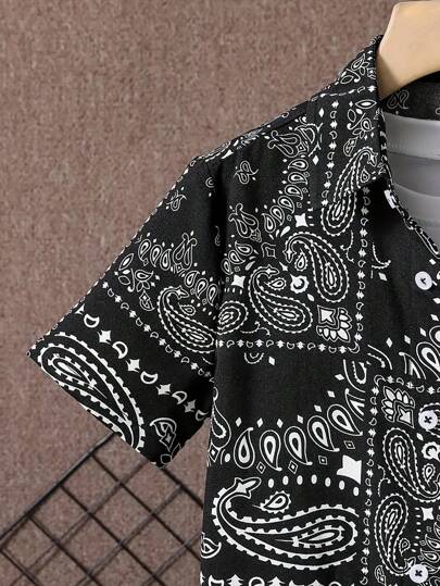 2 قطعة/طقم تيشيرت وشورت للصبية المراهقين مطبوع بنقشة البيزلي أكمام قصيرة، تصميم أزياء، للربيع/الصيف