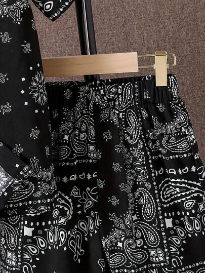 2 قطعة/طقم تيشيرت وشورت للصبية المراهقين مطبوع بنقشة البيزلي أكمام قصيرة، تصميم أزياء، للربيع/الصيف