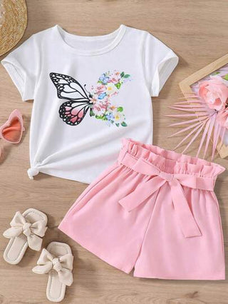 girls-sets تي شيرت بقصة الأكمام القصيرة مطبوع عليه فراشات وزهور للفتاة المراهقة، وشورت واسع الخصر ذو حزام ورقي لفصل الصيف