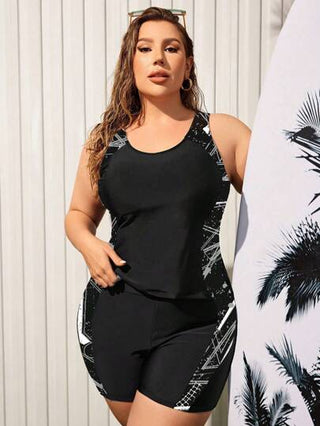 SHEIN Swim Curve طقم تانكيني نسائي بطبعة هندسية للمقاسات الكبيرة، ملابس سباحة مناسبة للشاطئ للاستجمام